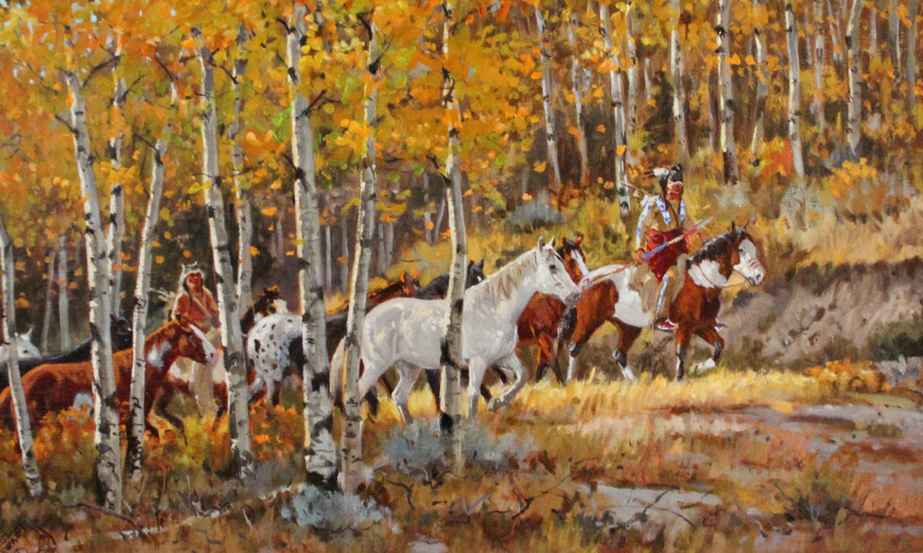 Fine Art : Ron Stewart Oil Painting, Original Ron Stewart Oil, "Black Feet Ponies" Signed Ron Stewart, Ron Stewart Western Art