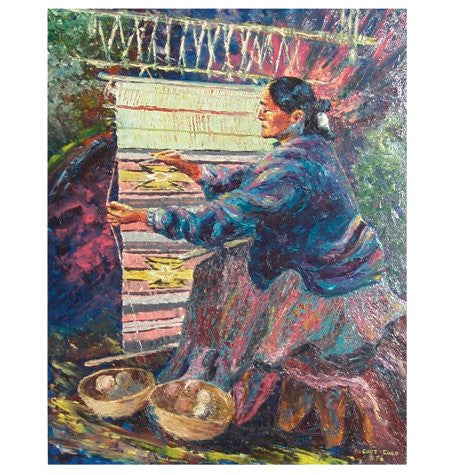 Western Artist Chet Culp, "Navajo Rug Weaver", Oil Painting on Masonite, CA 1976 #884