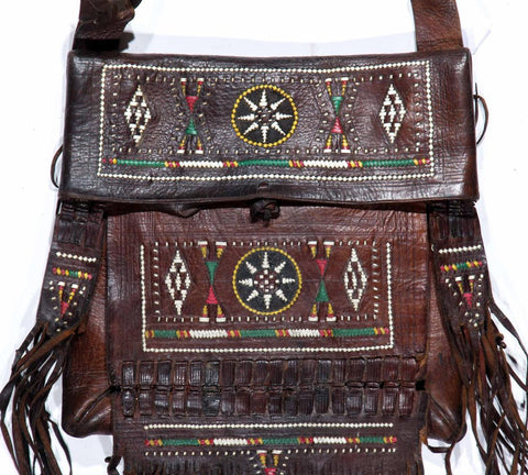 Vintage Moroccan Tooled Leather Shoulder Bag, with Beads, Fringe, Ca 1970"s, #1145 Sold