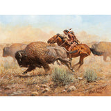 Western Artist, Russ Vickers (American, 1923-2007), “Buffalo Hunter” Oil on board, 1983, #985 Sold