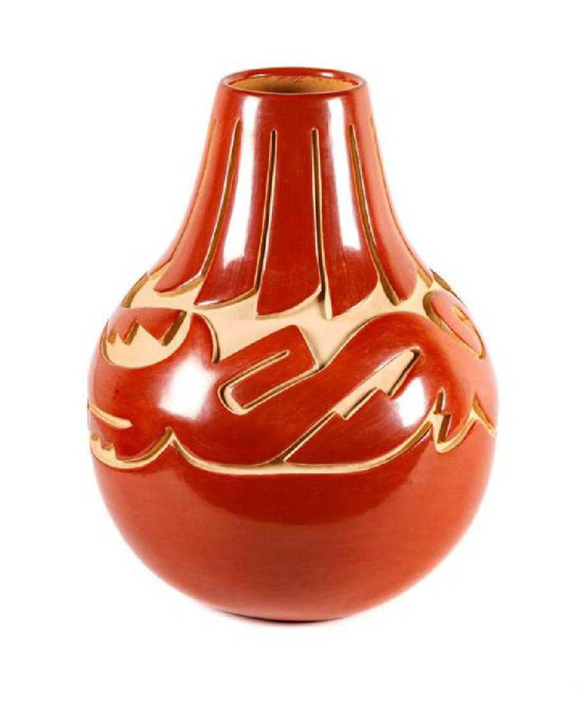 Native American, Vintage Santa Clara Carved Redware Vase With Avanyou by Vikie Martinez, Ca 1997, #1436 SOLD