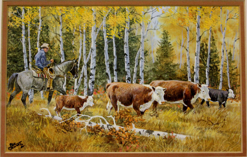 Western Artist, Ron Stewart, Water Color Painting, Entitled "Time to Gather" #773