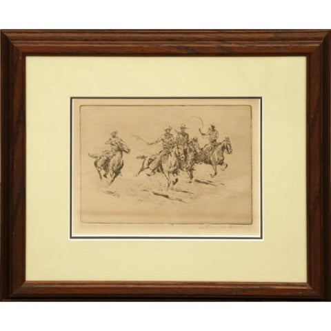 Western Art : Western Artist, Edward Borein, Etching, "Race to the Wagon", #89