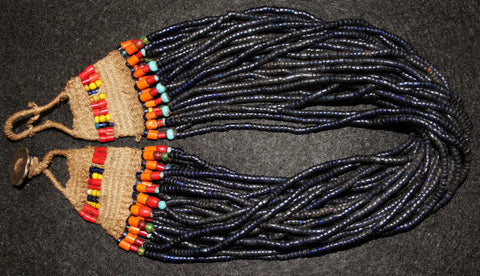 Nagaland : Authenic Vintage Naga Short Cobalt Blue Glass Bead Necklace with Beaded Macrame #574 Sold