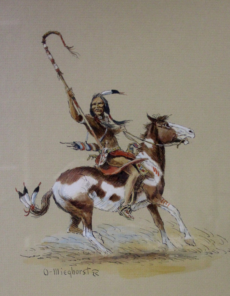 Indian Painting : Olaf Carl Wieghorst Artist, Western Art, Gouache and Ink, "War Staff", Signed American, 1899-1988, Olaf Wieghorst #105