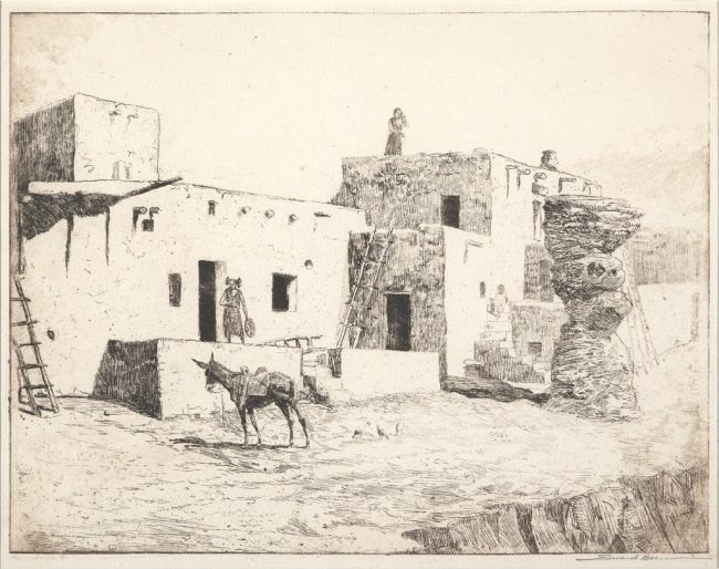 Fine Art : Edward Borein, Etching, Cowboy Artist, "The Dance Plaza, Walpi", 1915, Etching on Paper, #593