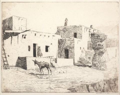 Edward Borein, Etching, Cowboy Artist, "The Dance Plaza, Walpi", 1915, Etching on Paper, #593