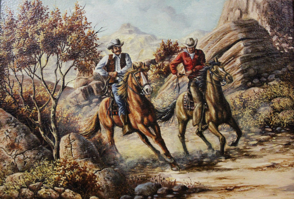 Oil Paintings : L Karren-Brakke Oil Paintings, "Cowboys on Horses" L Karren-Brakke Western Artist, CA 1960'-1970's, #693