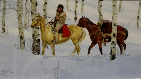 Ron Stewart "Trapper and Pack Horse", Water Color, Signed  #684