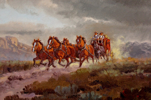 Western Artist: Ron Stewart, "Stage Coach", Oil Painting, Signed Lower Left Hand Corner, #749