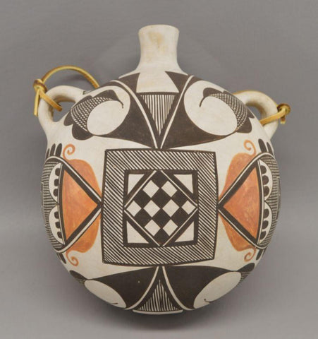 Native American Vintage Acoma Polychrome Pottery Canteen, by Juana Leno, Ca 1990's, #1578 SOLD